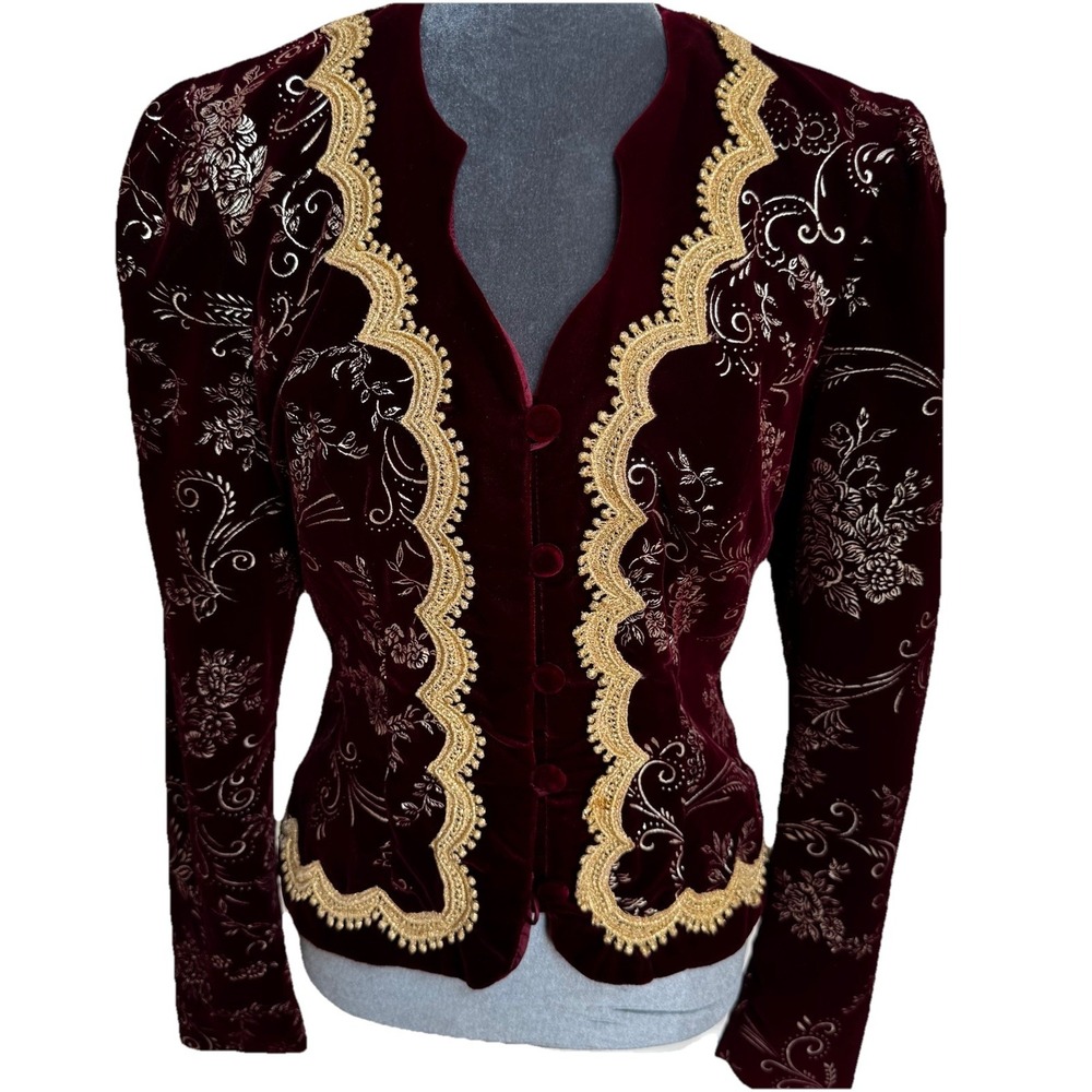 Vtg 80s J McClintock Blazer Burgundy Gold Velvet Victorian Regencycore Boho - Picture 2 of 16